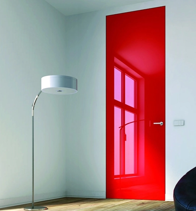 døre uden karm i med overflade i akryl, rød dør, indspartlet dør i akryl, akryldør